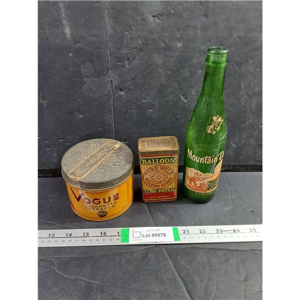 Vintage Mountain Dew Soft Drink Bottle,Vogue Tin and Balloon Tire Patch Tin