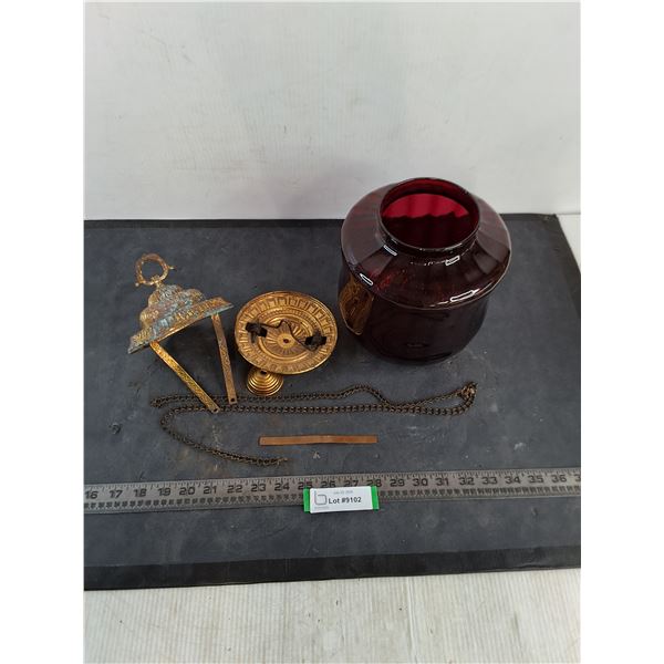 Vintage Brass & Red Glass Globe Hanging Light Fixture - Needs Repairs