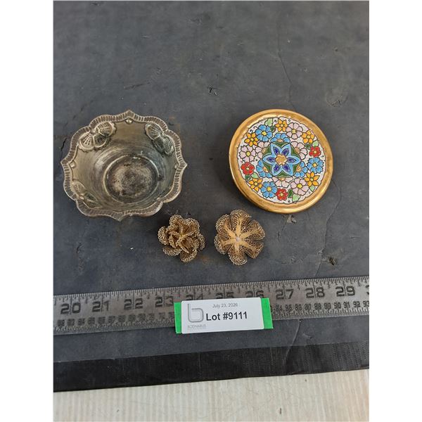 Vintage Lot - Decorative Plaque, Metal Bowl, Brooches