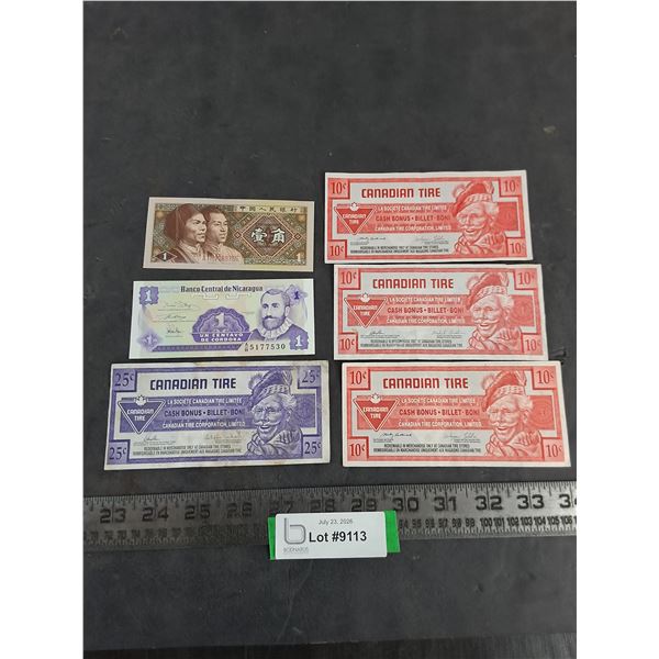 Chinese & Nicaraguan Bank Notes, Canadian Tire Money