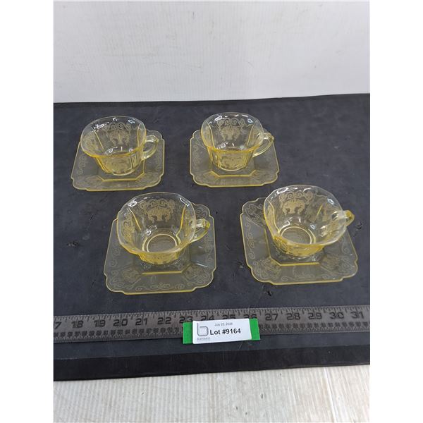 Set of 4 "Lorain" Yellow Depression Glass Teacups 