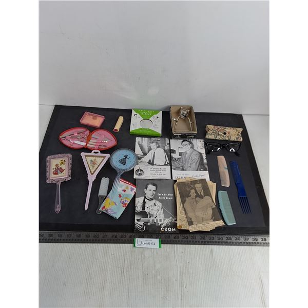 Vintage Women's Amenity Tools, Glasses, Clipper, CKOM Radio Promotion Pictures, Newspaper Clippings