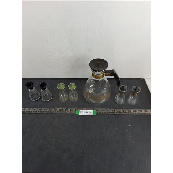 MCM Pyrex Glass Carafe, (3) Sets of Pyrex Salt & Pepper Shakers