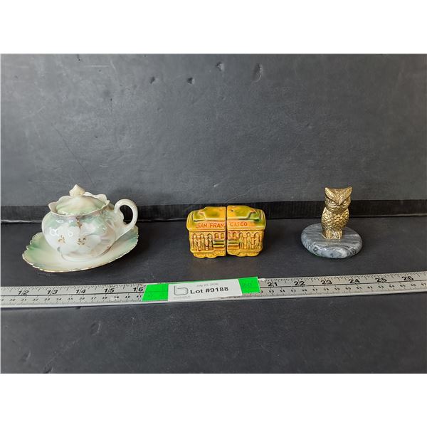 Brass Owl Paperweight, San Francisco Salt & Pepper Shakers, RS German Condiment Set
