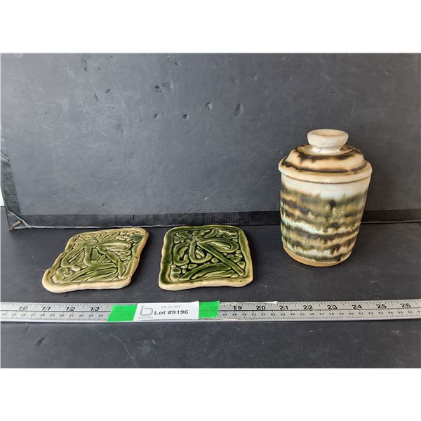 Ceramic Jar & (2) Trivets