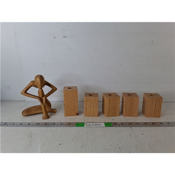 Wooden Man Figurine & (5) Candleholders