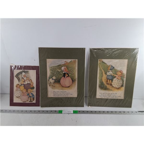 (3) Nursery Rhyme Prints on Linen  Up to 15" x 11.25"