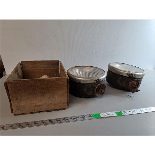 Wooden Crate 12" x 9" x 5.5" & (2) Vintage Tractor Head Lamps, Pickup Preferred