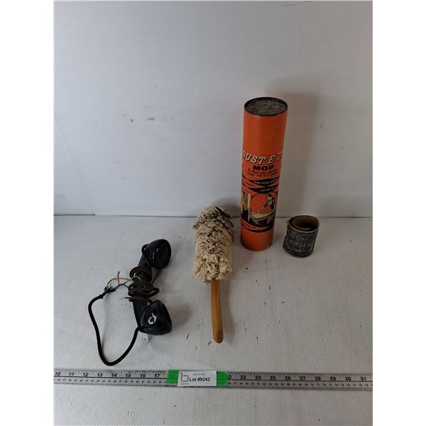 Dust-E-Zy Mop- As Is, Northern Electric Phone Handset, Edison Record Case