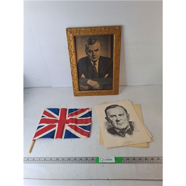 Prime Minister Prints, Union Jack Flag & Framed John Diefenbaker Photo 16" x 11.5"