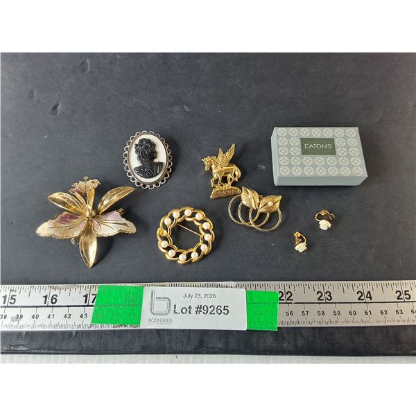 Silhouette & Gold Colored Brooches, Clip on Earrings
