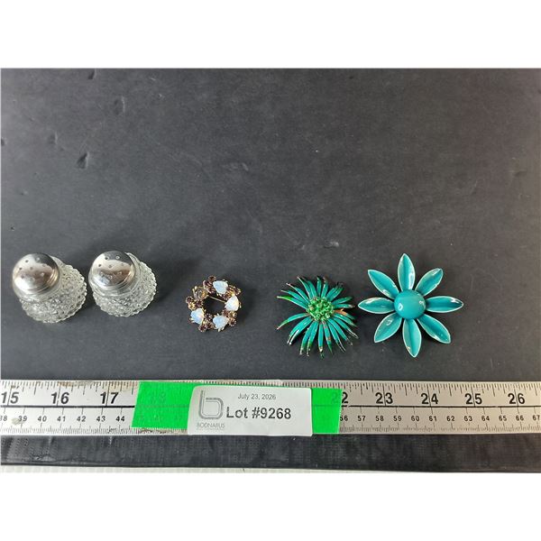 Floral/Wreath Brooches, Mini Glass Salt & Pepper Shakers