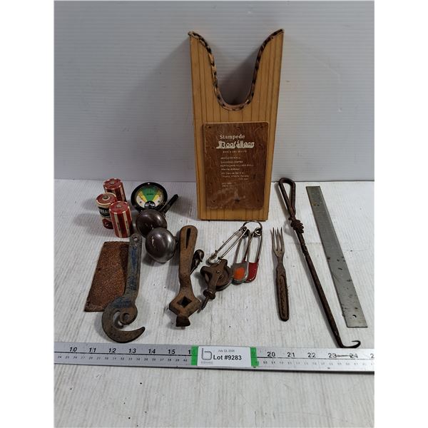 Vintage Wooden Boot Jack Puller,Fireplace Poker,(3) Laundry/Horse Safety Pins and Misc. Industrial P