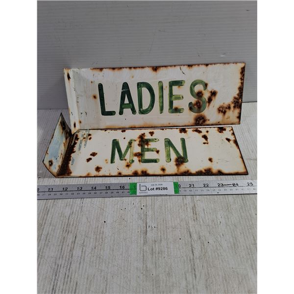 (2) Vintage Double-Sided Porcelain Restroom Signs with Mounting Flange