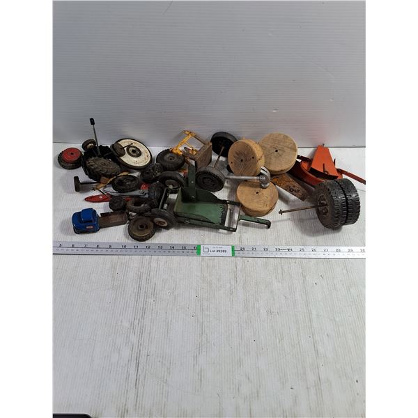 Large Assortment of Vintage Metal Toy/Tractor Parts/Tires/Axles and more