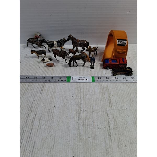 (11) Miniature Metal Figurines,(2) Hot Wheels,Car Ramp