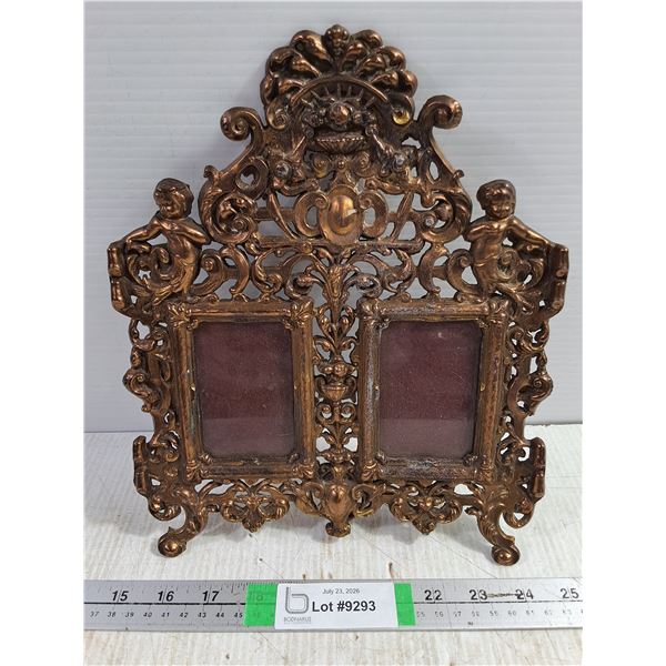 Antique-Style Brass Double Photo Frame with Ornate Cherubs