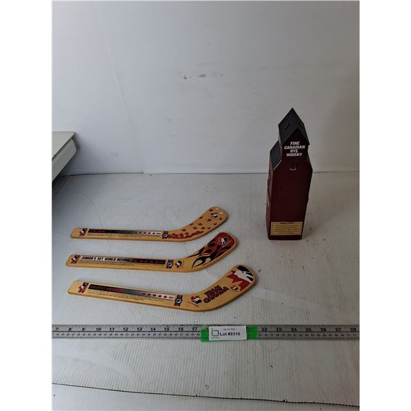 (3) Team Canada Mini Hockey Sticks 15.25" & Grain Elevator Decanter 11.25"- Empty