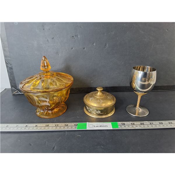 Stainless Steel Goblet, Brass & Amber Glass Candy Dishes