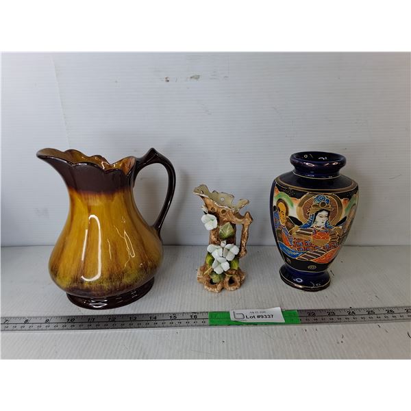 Japanese & Floral Vases, Ceramic Pitcher 8.25"