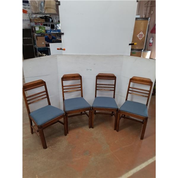 * Set of 4 Vintage Wooden Dining Chairs w/Blue-Gray Seat Fabric - Cannot Ship