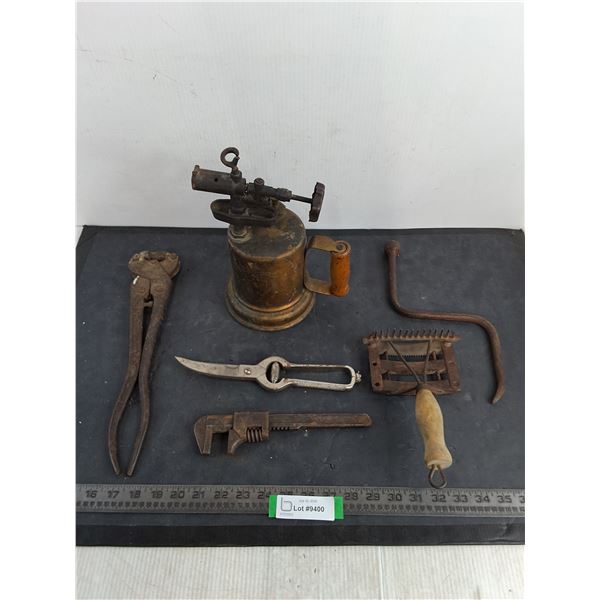Mostly Antique Tools - Blow Torch, Farrier Tool, Pipe Wrench, Snips, Tire Iron