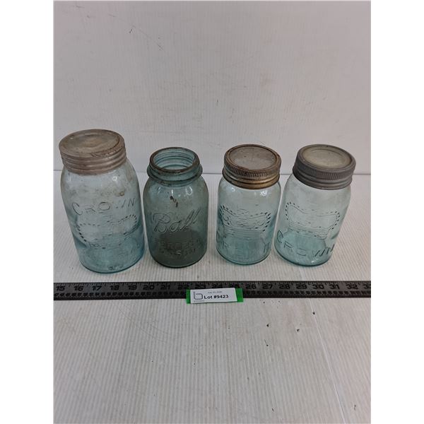 (4) Vintage Crown Canning Jars - Blue Glass