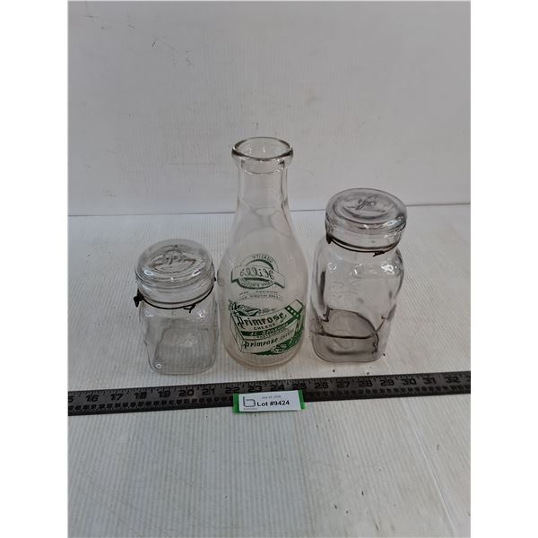 Vintage Sealer Jars, Primrose Milk Bottle