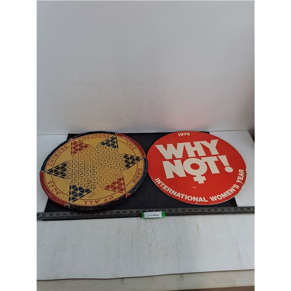 1975 18" International Women's Year "Why Not"  Sign, Metal 19" Chinese Checker Board