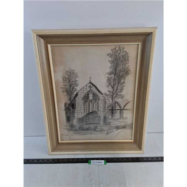 Wood Framed Charcoal Church Sketch by Helene LaCroix - 24" x 20"