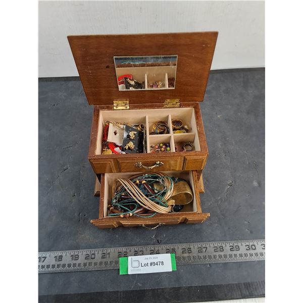 Wooden Jewelry Box w/Assorted Costume Jewelry Contents