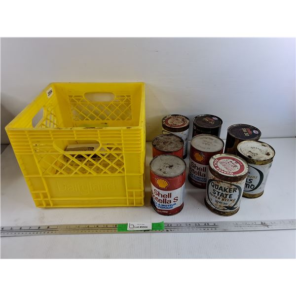 Milk Crate, Vintage Oil Cans, Shell Rotella S Oil - Sealed
