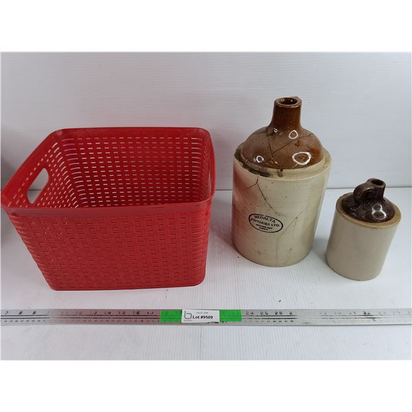 Medalta Crock Jugs - Chipped, Plastic Basket