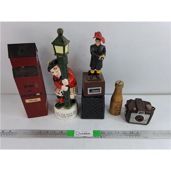 Assorted Liquor Decanters, Bottle Coin Bank, Brownie Holiday Camera - As Is