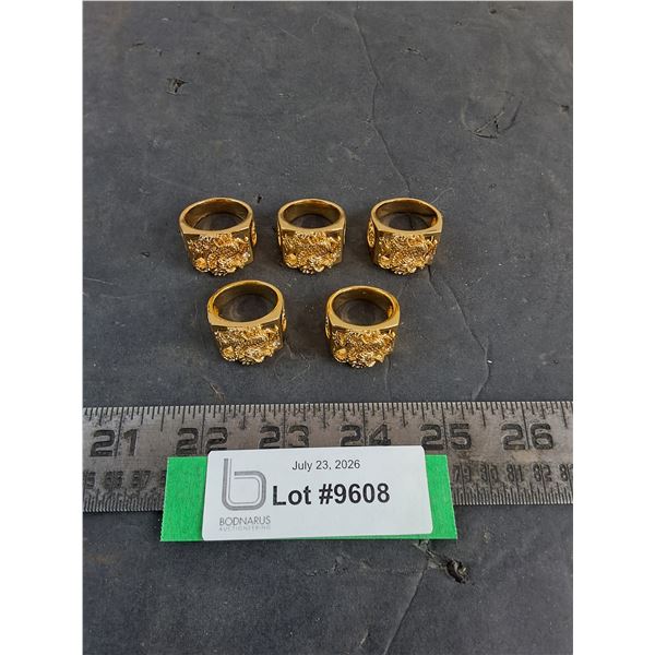 (5) Gold Color Dragon Rings - Sizes 10,10,11,12,12