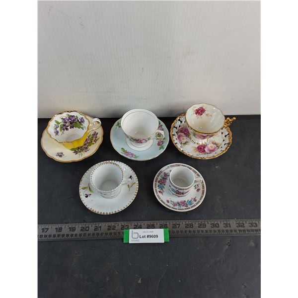 (5) Fine China Teacups & Saucers