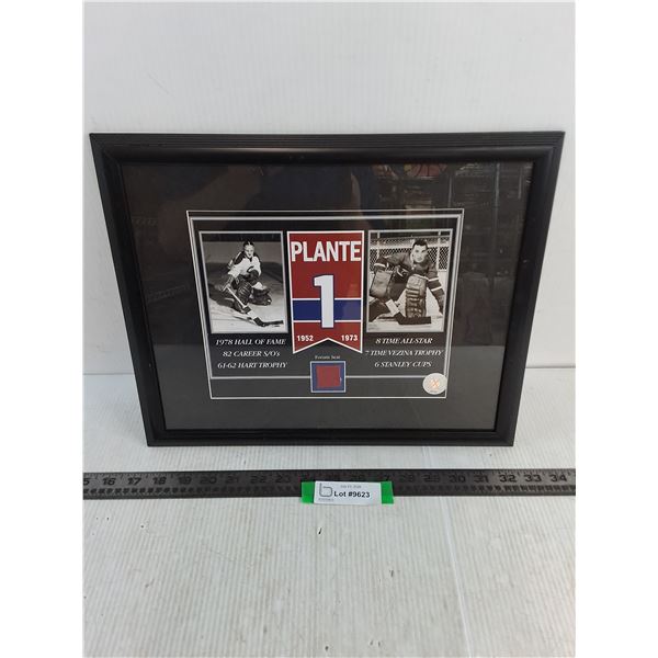 Framed 13" x 16" Montreal Canadiens Jacques Plante Memorabilia Featuring a Piece of Forum Seat
