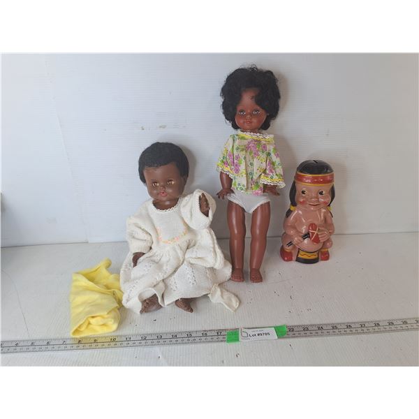 (2) African Dolls Up to 16" & Plastic Native American Coinbank