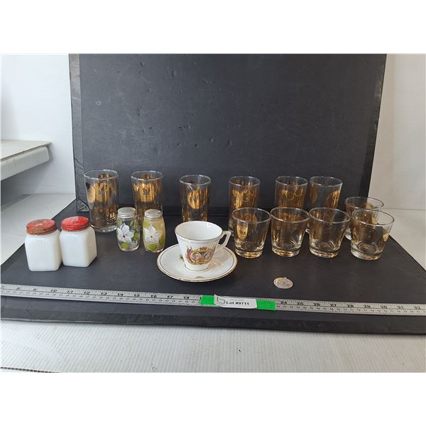 Sask. Diamond Jubilee Glasses, Salt & Pepper Shakers, Coronation Tea cup/Saucer