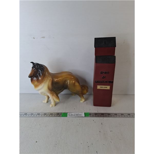 Collie Ceramic Figurine 8" Tall & Grain Elevator Liquor Bottle-Empty