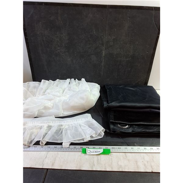 White Voile Curtain (56" x 3'), Black out Curtains (2) (7' x 26")