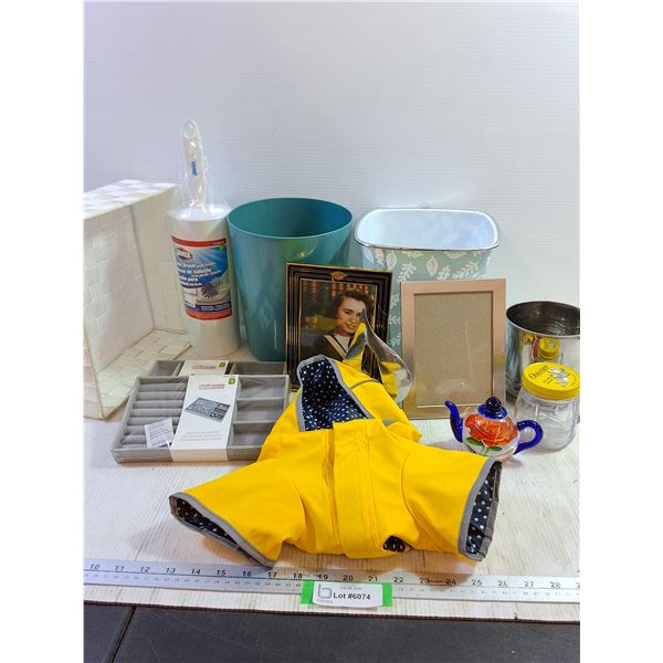 Assorted Decor, Flour Sifter, Jewlery Organizers, Dog Raincoat, Misc