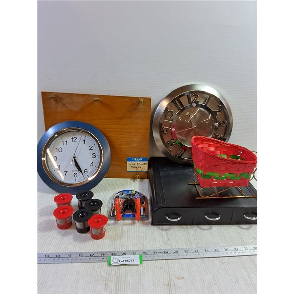 Coffee Pod Organizer w/ Pods, Flower Press, Clocks, Misc