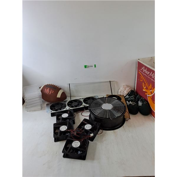 Box of Used Cooling Fans with Shelf & Mini Clean Storage Cases + Football