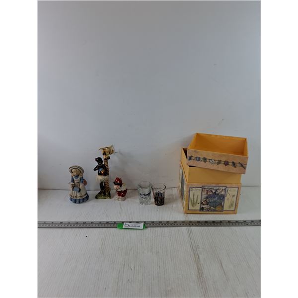 (2) Shot Glasses Halifax and Nashville, (2) Porcelain Figures, (1) Salt/Pepper Shaker