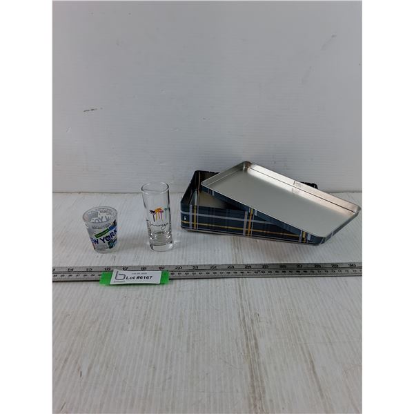 (1) Plaid Metal Container with (2) Shot Glasses