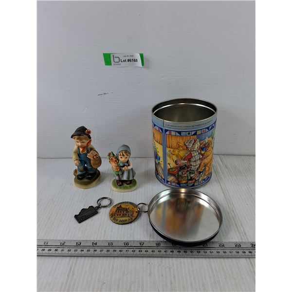 (2) Ceramic Children Figurines, (2) Keychains BC Red Deer Alberta, Metal Container