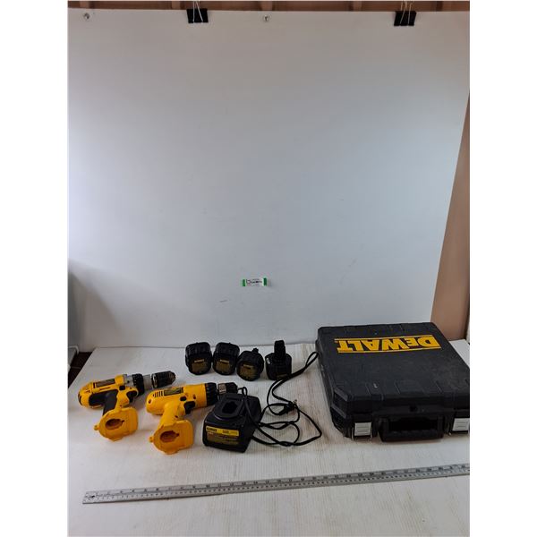 (2) DeWalt Drills, (3) DeWalt Batteries with Charger All Untested and Dewalt Case