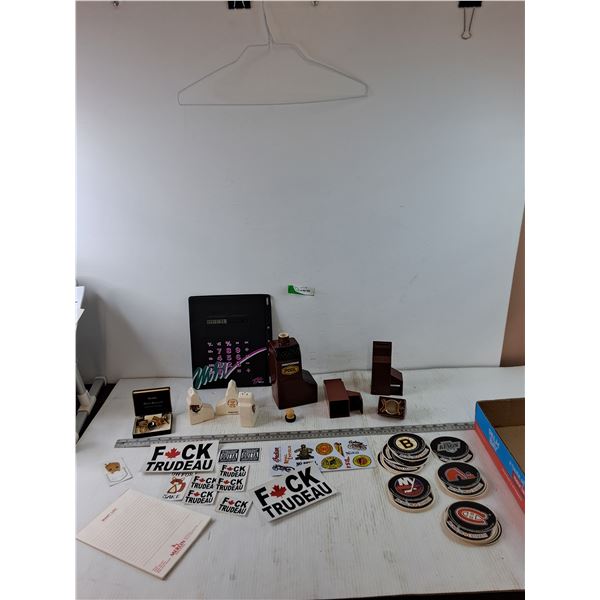 Grain Elevator Spice Shakers, Piggy Bank, Decanter, Sports Coasters, Anti-Trudeau Stickers, Cufflink