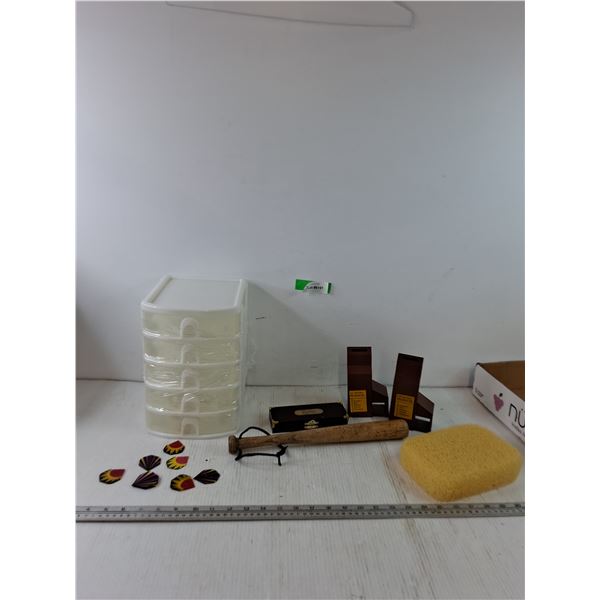 (5) Small Drawers, Sponge, (2) Grain Elevator Piggy Banks, Fish Stunning Baton, (3) Lions Darts